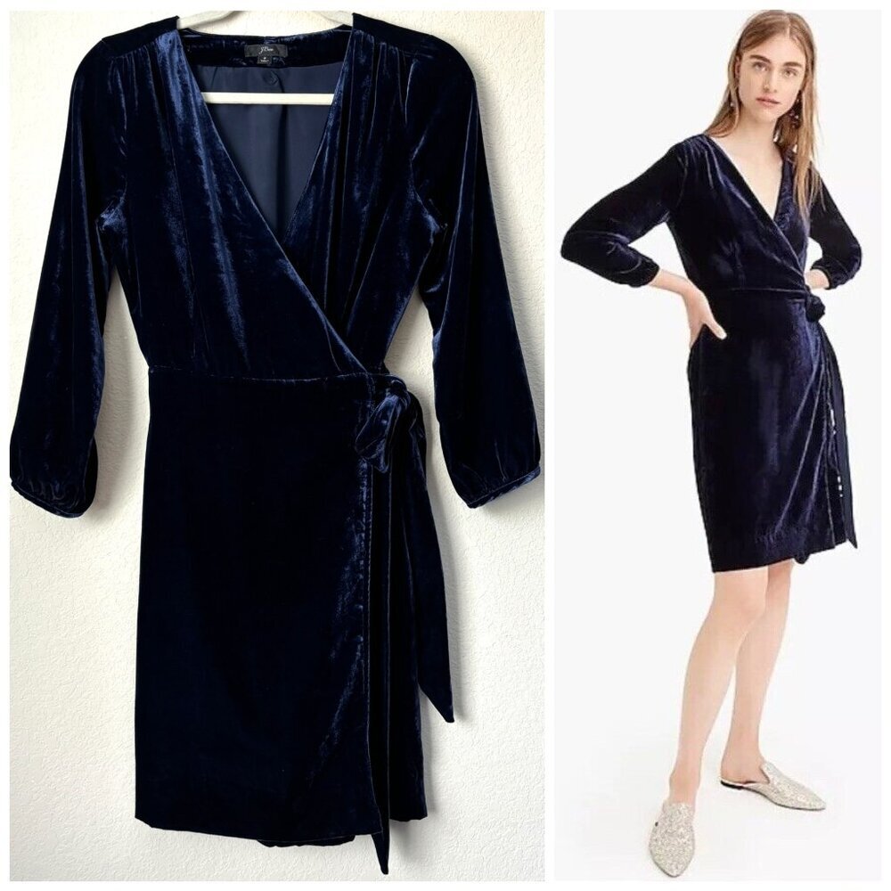 J. Crew Navy Velvet Long Sleeve Wrap Dress Size 2